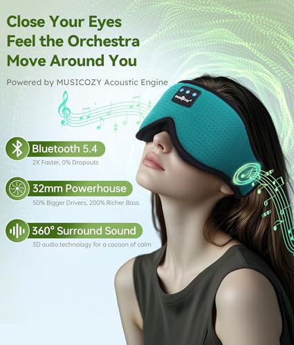 MUSICOZY 3D Sleep Headphones Bluetooth 5.4 Breathable Sleep Eye Mask | Cooling Fabric Lining with Blackout Design for Side Sleeper, HD Stereo Sound, 14 Hours Playtime for Sleep, Travel, Relaxation - color: Green
