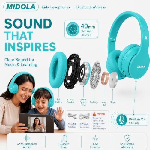 Kids Bluetooth Headphones Wireless 68 Hours,Safe Volume Limit 85/94dB | Adjustable Headband Foldable Over-Ear Lightweight Headsets for Toddler Girls Boys Tablet/iPad,HD Stereo,Built-in Mic,Cyan - color: Turquoise