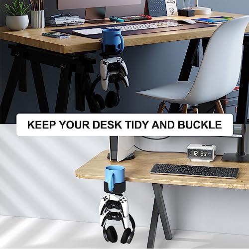 3 in 1 Desk Cup Holder with Headphone and Controller Stand, Universal Adjustable & 360° Rotating Clamp on Under Desk Headphone Hanger for Mugs, Headsets, Gamepads, Phone and Pen