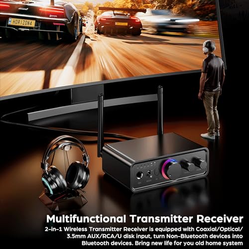 Bluetooth 5.3 Transmitter Receiver 2-in-1 Wireless Audio Adapter with Remote 6.5mm Mic Connection AUX RCA Coaxial Optical USB Input Bluetooth Audio Receiver for TV/PC/Headphone/KTV/Home Stereo