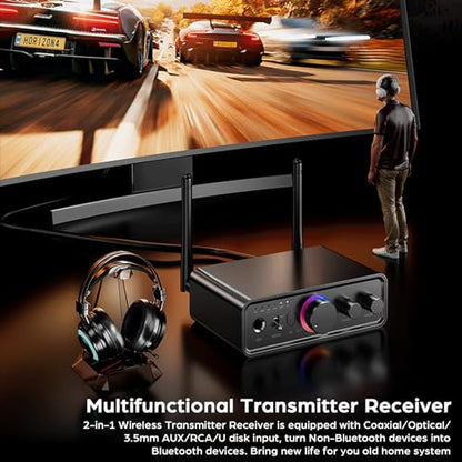Bluetooth 5.3 Transmitter Receiver 2-in-1 Wireless Audio Adapter with Remote 6.5mm Mic Connection AUX RCA Coaxial Optical USB Input Bluetooth Audio Receiver for TV/PC/Headphone/KTV/Home Stereo
