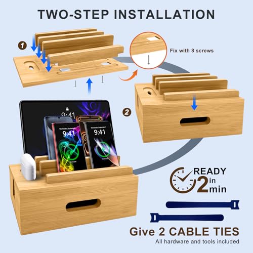 Bamboo Charging Station for Multiple Devices, Cable Management Box for Power Strip, USB Charger & USB Charging Hub/Station, Wood Docking Station Desktop Organizer Bedside Table Organizer