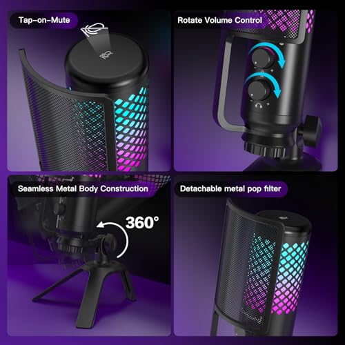 ZealSound Podcast Microphone for PC/Mac/iPhone/Phone – 96kHz/24bit USB Condenser Mic with Noise Reduction, Tap-to-Mute, Gain Control, Zero-Latency Monitor, RGB Light for Streaming, Gaming, Recording