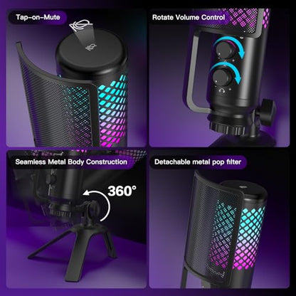ZealSound Podcast Microphone for PC/Mac/iPhone/Phone – 96kHz/24bit USB Condenser Mic with Noise Reduction, Tap-to-Mute, Gain Control, Zero-Latency Monitor, RGB Light for Streaming, Gaming, Recording