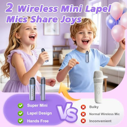 Mini Karaoke Machine for Kids with 2 Wireless Lapel Microphones | Portable Bluetooth Karaoke Speaker, Magnetic Phone Stand, Lyrics Display, Birthday for Girls Boys - color: Grey