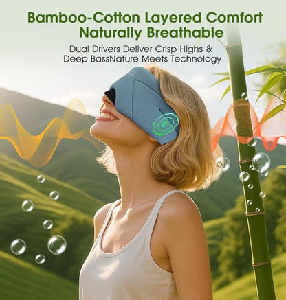 Sleep Mask with Headphones Bluetooth 5.4, LC-dolida Soft Bamboo Cotton Wireless Bluetooth Sleep Mask, Music Sleeping Headphones Cooling & Breathable, Ultra-Thin Stereo Speaker for Side Sleepers - color: Ash Blue