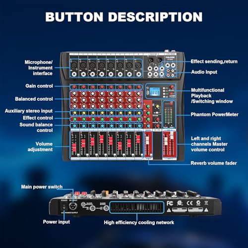 8 Channel Audio Mixer, Professional Music Mixer Board DJ Mixing Console with Bluetooth, USB/MP3 Player, Reverb, and 48V Phantom Power for Studio Recording, Karaoke, and Live Performances