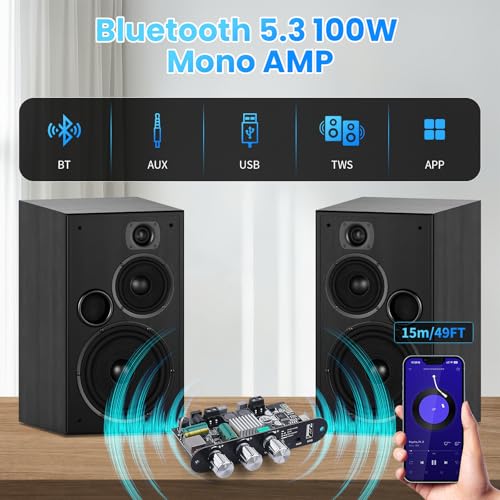 ZK-1001U Amp Bluetooth 5.3 Mono Amplifier Board Mini Audio Amps with TWS | 100W Amp with Boost for Home Outdoor DIY Speakers with 100W Power Output, Treble & Bass,USB/AUX/BT Input, DC 9-24V - color: Black4 ZK-1001U