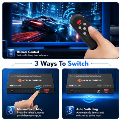 J-Tech Digital 8K HDMI Switch 2 in 1 Out 8K@60Hz 4K@120Hz 1080P@240Hz, HDMI Audio Extraction to Optical & 3.5mm, HDR HDCP 2.3 EDID Control, Compatible with PS5 PS4 Xbox Switch Apple TV Roku Fire TV - style: 2 in 1