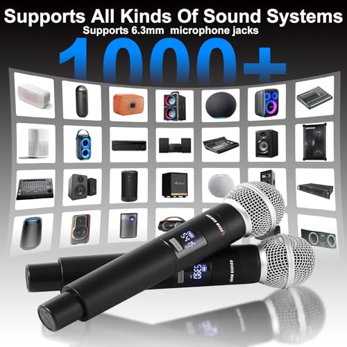 Wireless Microphones Systems for Karaoke Singing with 300 FT Reception | 2.4GHz, Rechargeable Professional Wireless Handheld Microphones with Receiver for Karaoke DJ Church Party Speaking Classroom