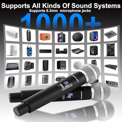 Wireless Microphones Systems for Karaoke Singing with 300 FT Reception | 2.4GHz, Rechargeable Professional Wireless Handheld Microphones with Receiver for Karaoke DJ Church Party Speaking Classroom
