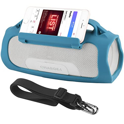 Silicone Case for JBL Charge 4 Portable Waterproof Speaker, Travel Carrying Case Protective Pouch Cover with Handle Adjustable Shoulder Strap and Phone Holder Stand (Blue) - color: Blue