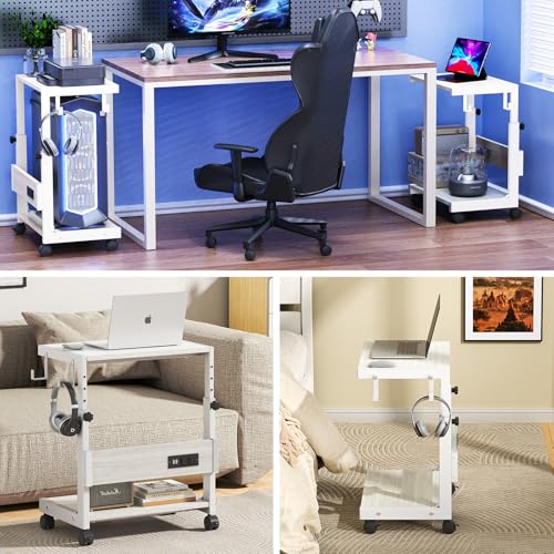 Computer Tower Stand with Charging Station, for Small and Mid-Tower PCs | Height Adjustable PC Stand with Wheel, CPU Holder with 2 AC Outlets + 2 USB Ports, 2-Tier Storage, Durable Metal Frame - color: White