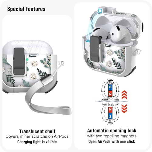 WENEW Case for AirPods 4th Case Cover Secure Lock Automatic Snap Switch Clip Cleaner Kit Lanyard Women Stylish Flower Armour Hard Shell Full Body Front LED Visible (Green Leaves, AirPods 4th) - color: Green Leaves, size: AirPods 4