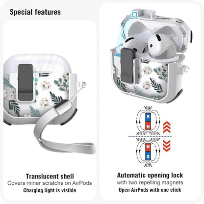 WENEW Case for AirPods 4th Case Cover Secure Lock Automatic Snap Switch Clip Cleaner Kit Lanyard Women Stylish Flower Armour Hard Shell Full Body Front LED Visible (Green Leaves, AirPods 4th) - color: Green Leaves, size: AirPods 4