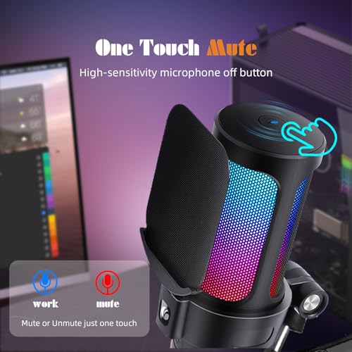 VCOM Gaming USB Microphone,Condenser Dynamic Boom Arm Mic for Podcasting,Streaming, with Boom Arm Stand,Quick Mute,Pop Filter,RGB Indicator,Shock Mount,Rotate gain Button, Compatible with PS4/5/PC