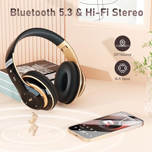 Bluetooth Headphones Over Ear, 6S Wireless Headphones Wired with 6 EQ Modes, 40 Hours Playtime Foldable HiFi Stereo Headset with Microphone, FM/TF for Cellphone/PC/Work (Black & Gold) - color: Black & Gold