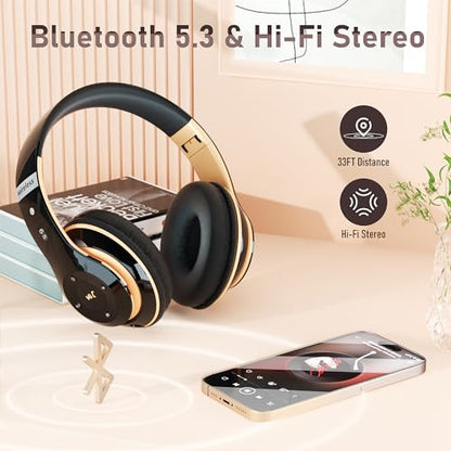 Bluetooth Headphones Over Ear, 6S Wireless Headphones Wired with 6 EQ Modes, 40 Hours Playtime Foldable HiFi Stereo Headset with Microphone, FM/TF for Cellphone/PC/Work (Black & Gold) - color: Black & Gold