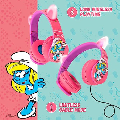 PowerLocus Bluetooth Headphones for Kids, Wireless Foldable Headphones Over Ear, Headphone with Microphone, 85/94dB Volume Limit, Wireless and Wired Headset with Micro SD, FM for Phones/Tablets/PC/TV - color: The Smurfs Collection