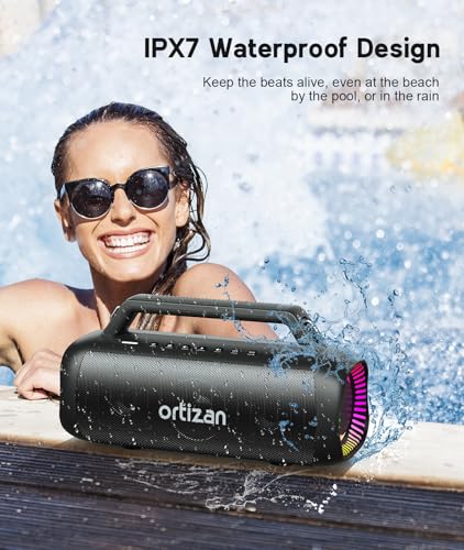 Ortizan 80W Speakers Bluetooth Wireless Loud with Bass, Waterproof, Black | IPX7, 24H Playtime, Bluetooth 5.3, TWS Pairing, Large Outdoor Speaker with Lights, Portable for Garage, Camping and Beach