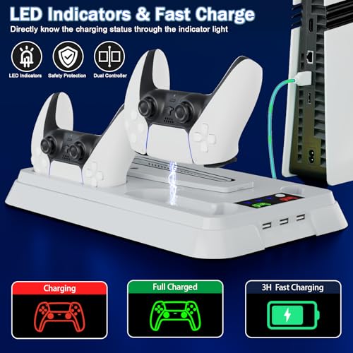 PS5/Slim/Pro Cooling Station for PlayStation 5 Console,PS5 Cooler Fan with Dual PS5 Controller Charger Incl. 3 Level Fans,Headset,3 USB Hubs,PS5/Slim/Pro Stand for PlayStation 5 Console Accessories - color: White