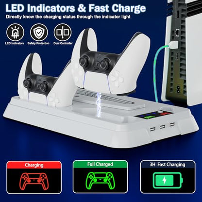 PS5/Slim/Pro Cooling Station for PlayStation 5 Console,PS5 Cooler Fan with Dual PS5 Controller Charger Incl. 3 Level Fans,Headset,3 USB Hubs,PS5/Slim/Pro Stand for PlayStation 5 Console Accessories - color: White