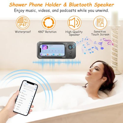 Shower Phone Holder with Wireless Bluetooth Speaker , 480° Rotation Retractable Adjustable Shower Case for iphone ,Bathroom Wall Phone Mount Stand WaterProof Anti Fog,Compatible with All 4-7"Cellphone