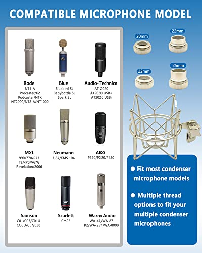 AT2020 Shock Mount Universal Microphone Holder Spider Recording Mic Shockmount Stand Compatible with Many Condenser Mics Like Rode NT1-A NT2-A Procaster MXL 990 770 U87 (Champagne) - color: Champagne