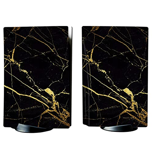 PlayVital Black & Gold Marble Effect Full Set Skin Decal for ps5 Console Disc Edition, Sticker Vinyl Decal Cover for ps5 Controller & Charging Station & Headset & Media Remote - color: Black & Gold Marble Effect