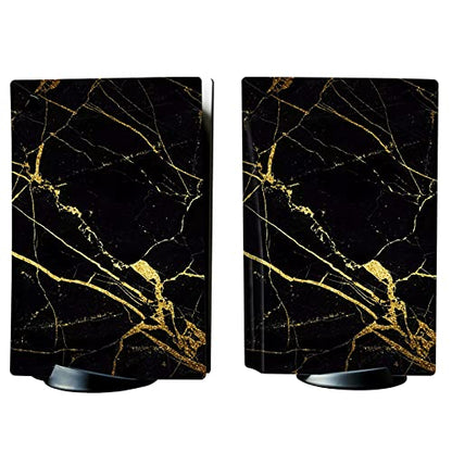 PlayVital Black & Gold Marble Effect Full Set Skin Decal for ps5 Console Disc Edition, Sticker Vinyl Decal Cover for ps5 Controller & Charging Station & Headset & Media Remote - color: Black & Gold Marble Effect