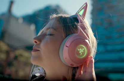 Razer Kraken Kitty V2 USB Wired RGB Headset: Chroma Kitty Ears - Stream Reactive Lighting - HyperClear Cardioid Mic - Triforce 40 mm Drivers - 7.1 Surround Sound - Quartz Pink (Renewed)