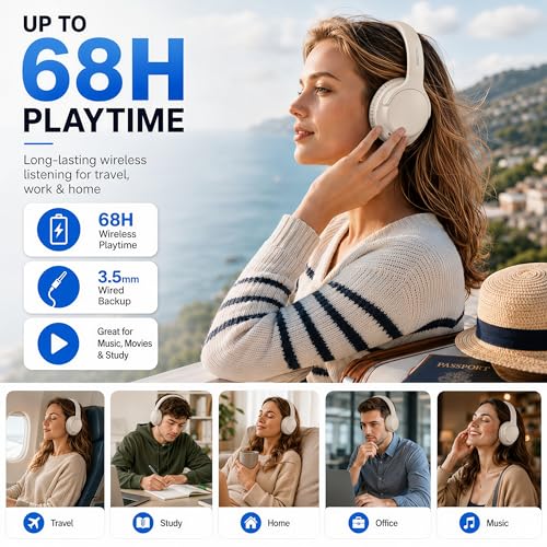 Bluetooth Headphones Wireless 68H with Mic,Decent Sound-Acceptable Milk | Adjustable Headband Foldable Over-Ear Lightweight for Office/Travel/Tablet/iPad/Laptop,HD Stereo Sound,Aux 3.5mm,White - color: Milk White