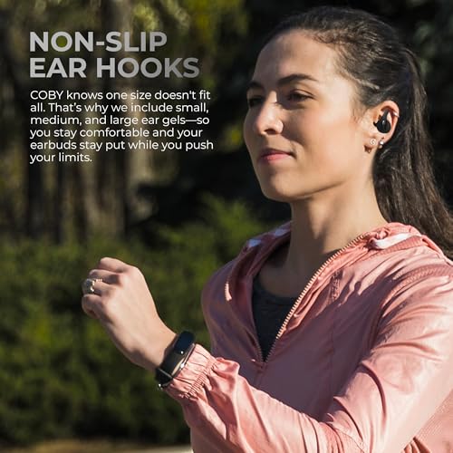 True Wireless Bluetooth Earbuds, Sweatproof Ear Hooks, 14HR Playtime, Black | Multi-Sized Ear Gels for Small, Medium & Large Ears, Voice & Touch Controls, Take Calls, Skip Tracks, Water-Resistant Design - color: Black