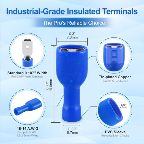 BAOMAIN 0.187" Female & Male Spade Terminals Kit 16-14 AWG 100-Pack | Blue Insulated Tin-Plated Crimp Connectors for 16-14 AWG Wiring. Kit Include 0.187" 4.8mm Female and Male Quick Terminals - size: Fully Insulated Female and Male