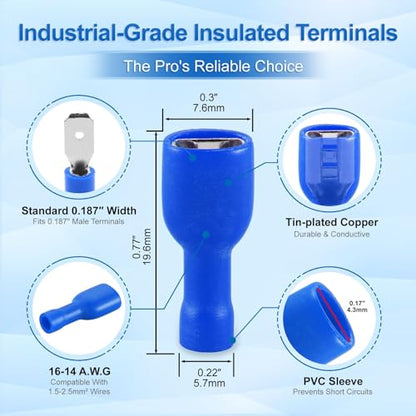 BAOMAIN 0.187" Female & Male Spade Terminals Kit 16-14 AWG 100-Pack | Blue Insulated Tin-Plated Crimp Connectors for 16-14 AWG Wiring. Kit Include 0.187" 4.8mm Female and Male Quick Terminals - size: Fully Insulated Female and Male