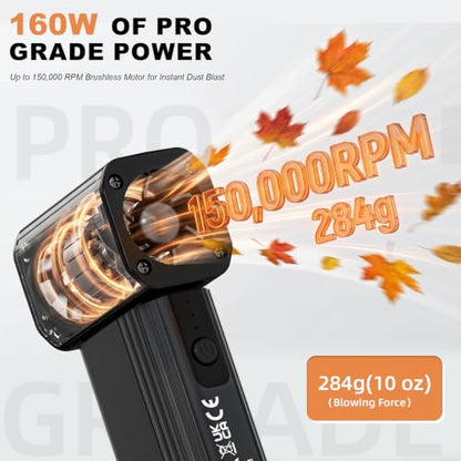 Electric Air Duster 160W, Metal Body 150000RPM Compressed Air Duster, 29.6Wh Rechargeable Cordless Mini Blower, 18W Fast Charging 4-Speed Electric Duster Dust Blower for PC, Keyboard, Car, Home