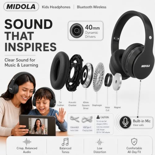 MIDOLA Kids Headphones Bluetooth 5.4 Wireless 68H Play Time Volume Limit 85/94dB Over-Ear Foldable Headset,Type-C Fast Charging,with Wired Aux Mic for Toddler Child Pad Tablet Black | Adjustable Headband Foldable Over-Ear Lightweight Headsets for Toddler