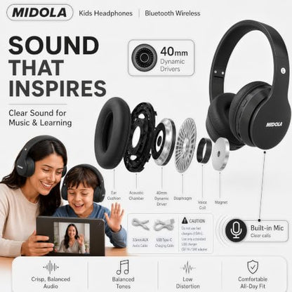 MIDOLA Kids Headphones Bluetooth 5.4 Wireless 68H Play Time Volume Limit 85/94dB Over-Ear Foldable Headset,Type-C Fast Charging,with Wired Aux Mic for Toddler Child Pad Tablet Black | Adjustable Headband Foldable Over-Ear Lightweight Headsets for Toddler