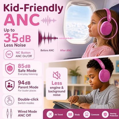 Kids Bluetooth Headphones Wireless,ANC,68H,Safe Volume Limit 85/94dB Pink | Active Noise Cancelling,Adjustable Headband Foldable Over-Ear for Toddler Girls Boys Tablet/iPad,HD Stereo,Built Mic - color: Rose Pink