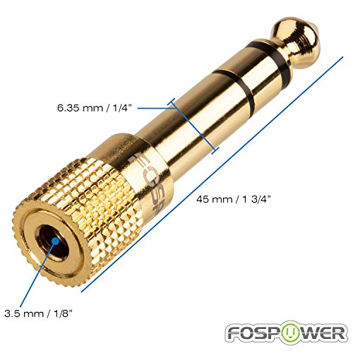 FosPower 6.35mm (1/4 inch) Male to 3.5mm (1/8 inch) Female 3-Conductor TRS AUX Stereo Audio Headphone Jack Adapter - 24K Gold Plated (5 Pack) | 24K gold-plated 6.35mm 1/4" male to 3.5mm 1/8" female TRS stereo audio adapter for guitar amplifiers, headphone