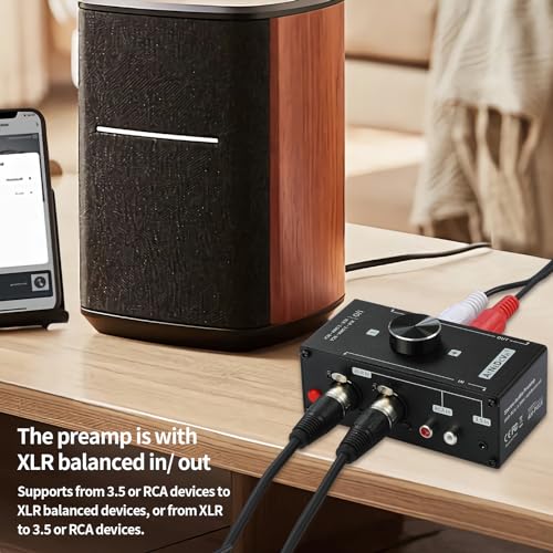 Stereo Audio Preamplifier - XLR Balanced RCA 3.5mm Input to XLR Balanced RCA 3.5mm Output Converter Adapter amp - Headphone Amplifier, Gain 20dB Phono Turntable Phonograph Preamp (Black)