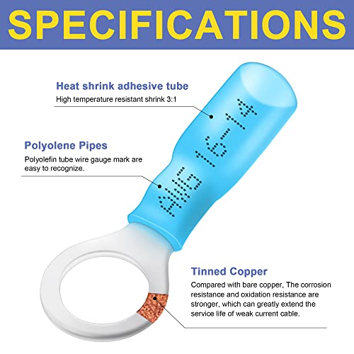 haisstronica 100PCS Heat Shrink Ring Terminals, 16-14 AWG, #8, Blue | Battery and Ground Stud Connections, 0.7 mm Copper Barrel, 3:1 Adhesive-Lined Seal, Automotive Wiring Repairs, Ring Connector - color: Blue, size: Ring #8