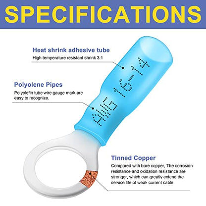 haisstronica 100PCS Heat Shrink Ring Terminals, 16-14 AWG, 5/16 in, Blue | Battery and Ground Stud Connections, 0.7 mm Copper Barrel, 3:1 Adhesive-Lined Seal, Automotive Wiring Repairs, Ring Connector - color: Blue, size: Ring 5/16"