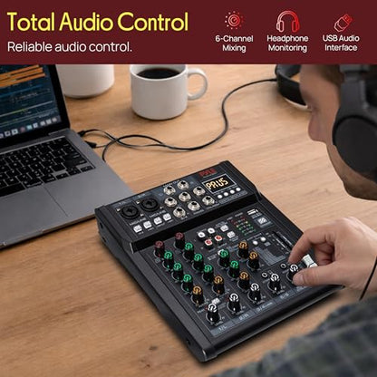 Pyle 6 Channel Studio Mixer - Small Footprint, USB - PC Recording, Bluetooth In, MP3 Player, DSP Effects, +48V Phantom Power, XLR Combo Inputs, Control Room Out, Smooth Dials and Faders - PMX406ST - size: 6