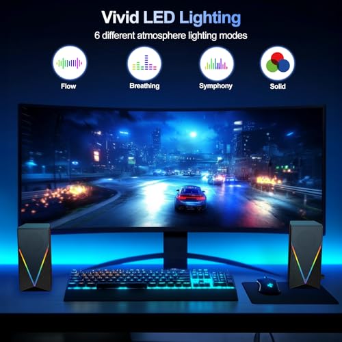 Computer Speakers, Desktop PC Speakers with 6 Colorful RGB Lights, Headphone Jack, Enhanced Bass and Volume Control, USB Powered & 3.5mm Aux Gaming Speakers for Laptop Monitor PC Tablet Phone
