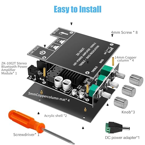 ZK-1002T 100W+100W Bluetooth Amplifier Board with Treble and Bass Control, 2.0 Channel Stereo Audio Mini Power Amplifier Board, TPA3116D2 Chip DC 9-24V, BT and AUX Inputs for DIY Wireless Speakers - size: Small