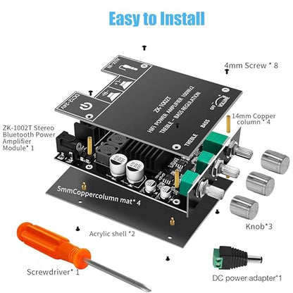 ZK-1002T 100W+100W Bluetooth Amplifier Board with Treble and Bass Control, 2.0 Channel Stereo Audio Mini Power Amplifier Board, TPA3116D2 Chip DC 9-24V, BT and AUX Inputs for DIY Wireless Speakers - size: Small