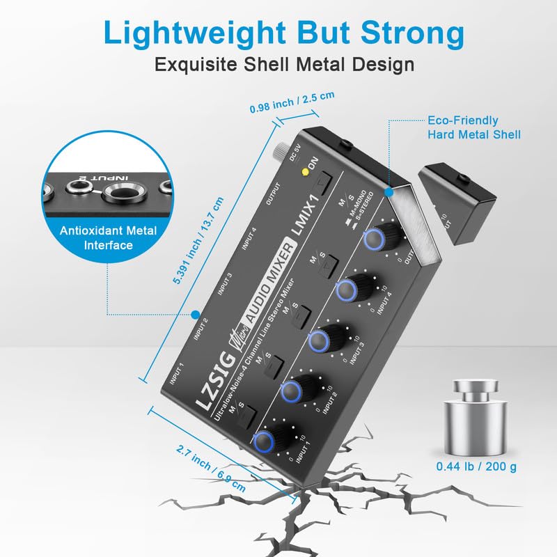 LZSIG Mini Audio Mixer, Ultra Low-Noise, 4-Channel, 4 IN 1 OUT | Stereo Line Mixer for Sub-Mixing, 1/4" & 1/8" TS & TRS Output and Input for Electronic Drum, Guitars, Bass, Keyboards