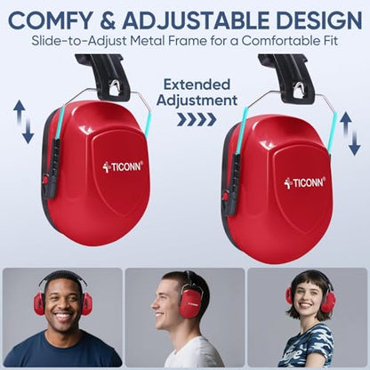 TICONN Noise Cancelling Ear Muffs for Adults, SNR 33dB Hearing Protection, Adjustable Safety Earmuffs for Construction - color: Red