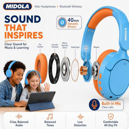 Kids Bluetooth Headphones Wireless,ANC, 68H,Safe Volume Limit 85/94dB Sky | Active Noise Cancelling,Adjustable Headband Foldable Over-Ear for Toddler Girls Boys Tablet/iPad,HD Stereo,Built-in Mic,Blue - color: Sky Blue